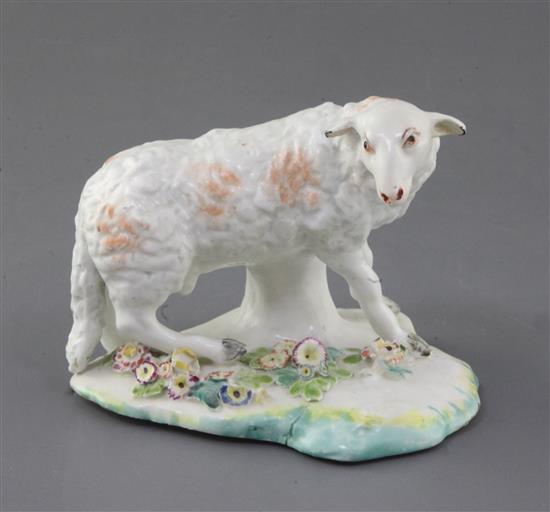 An early Derby Pale family figure of a ewe, c.1756, l. 13cm, restoration